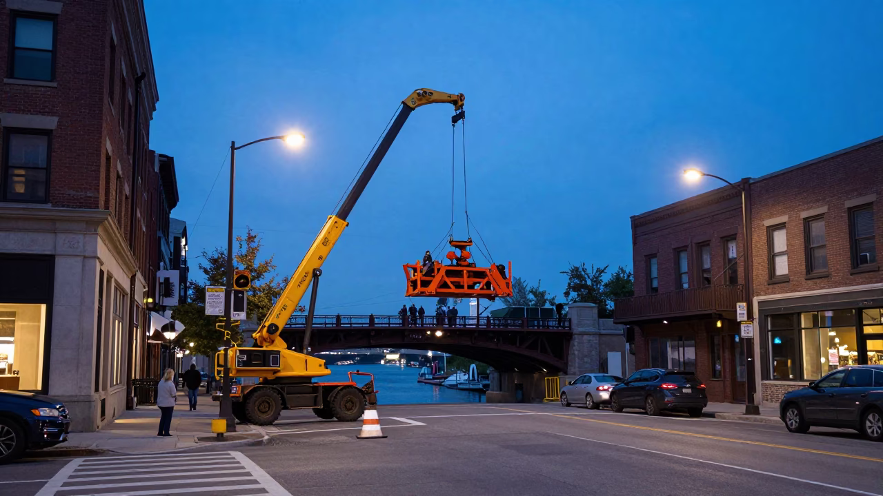 Toronto Evening Street Scene with Bridge Maintenance Cradle and Urban Activity in in Toronto, Ontario, Canada