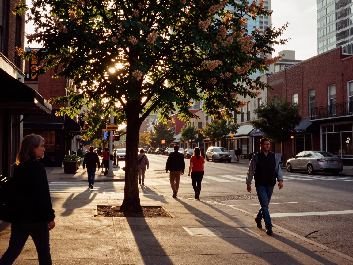 Toronto Evening Street Scene with Chestnut Tree and Urban Pedestrians in Honeyed Light in in Toronto, Ontario, Canada
