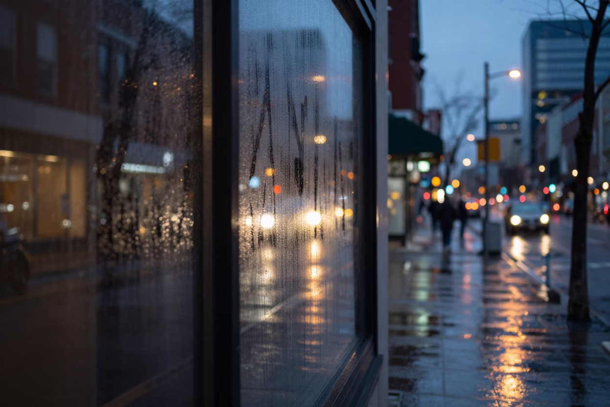 Toronto Evening Street Scene with Condensation on Window Glass and City Lights in in Toronto, Ontario, Canada