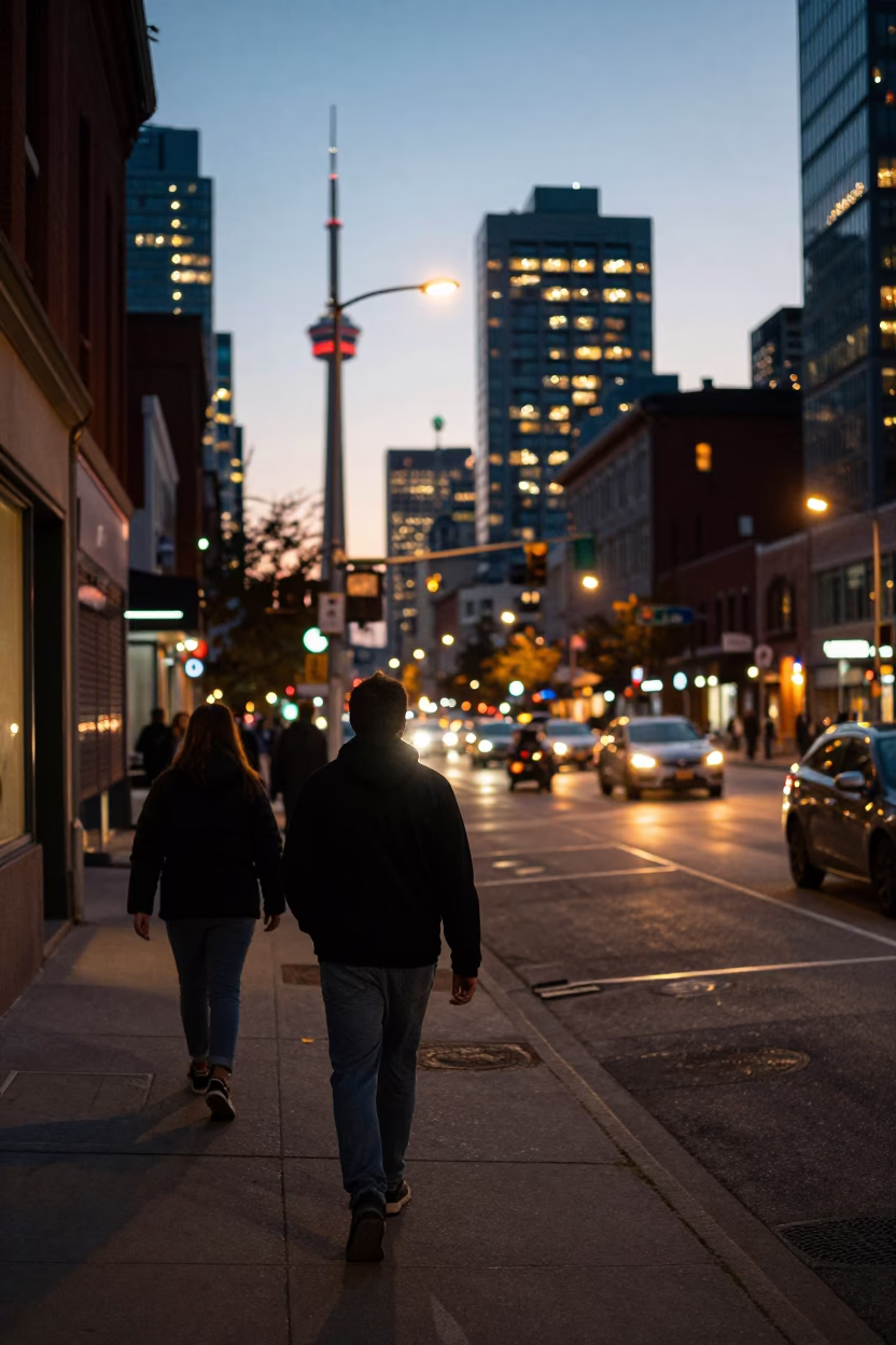 Toronto Evening Street Scene with Glowing City Lights and Local Dining in in Toronto, Ontario, Canada