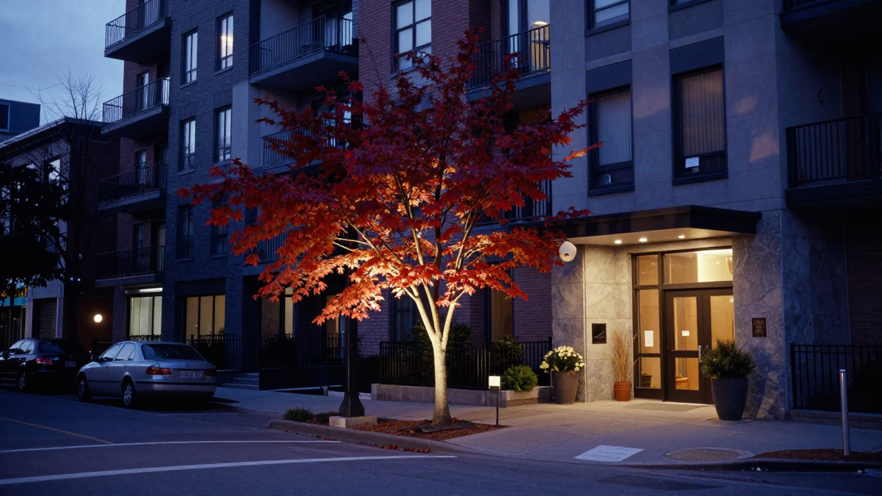 Toronto Evening Street Scene with Japanese Maple and Urban Architecture in in Toronto, Ontario, Canada