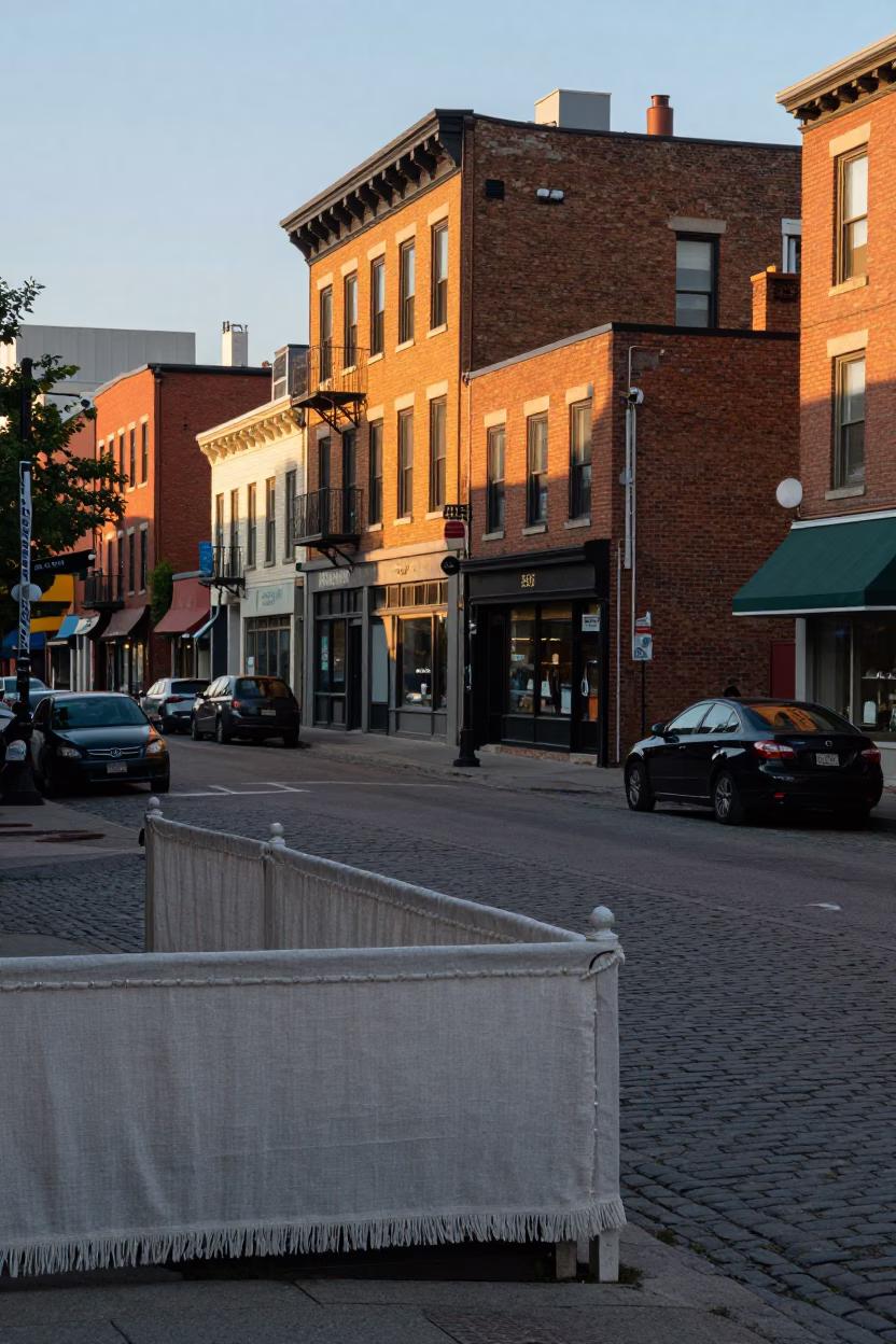 Toronto Evening Street Scene with Linen Fringe Rail and Urban Life in in Toronto, Ontario, Canada