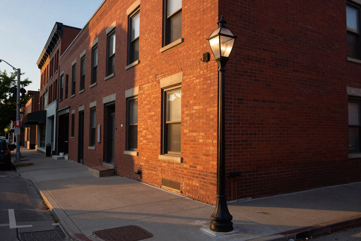 Toronto Evening Street Scene with Red Brick Architecture and Urban Street Lamps in in Toronto, Ontario, Canada