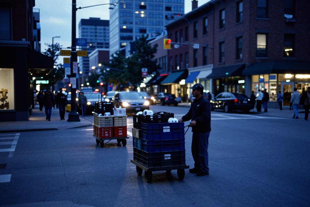 Toronto Evening Street Scene with Rolling Carts and Blue Light in in Toronto, Ontario, Canada