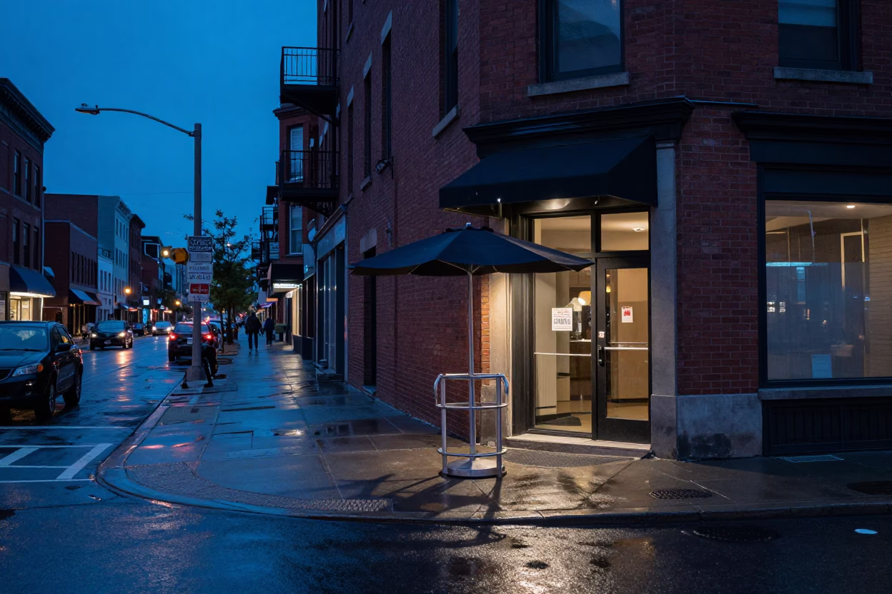 Toronto Evening Street Scene with Umbrella Stand and Latch Details in in Toronto, Ontario, Canada