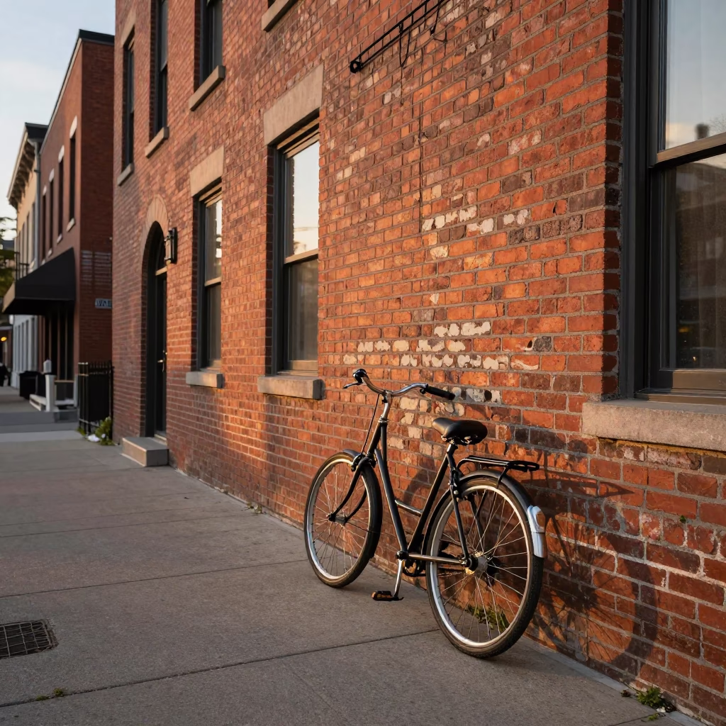 Toronto Evening Street Scene with Vintage Bicycle and Glass Bottle on Sidewalk in in Toronto, Ontario, Canada