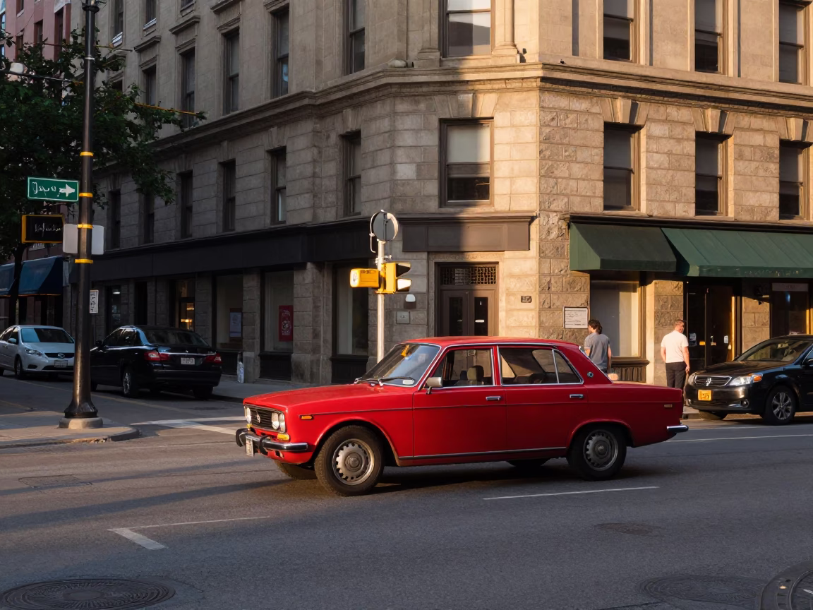Toronto Evening Street Scene with Vintage Car and Urban Architecture in in Toronto, Ontario, Canada