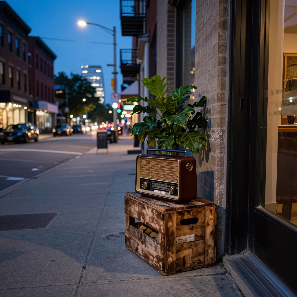 Toronto Evening Street Scene with Vintage Radio and Houseplant in Window in in Toronto, Ontario, Canada
