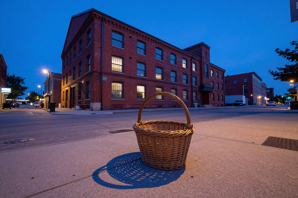 Toronto Evening Street Scene with Wicker Basket Shadow and Fruit in in Toronto, Ontario, Canada