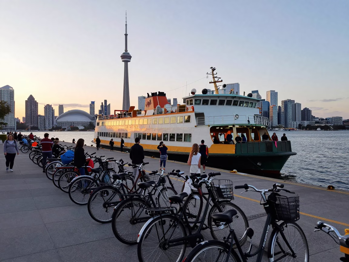 Toronto Ferry Dock Evening Scene with Bicycles and Passengers in in Toronto, Ontario, Canada
