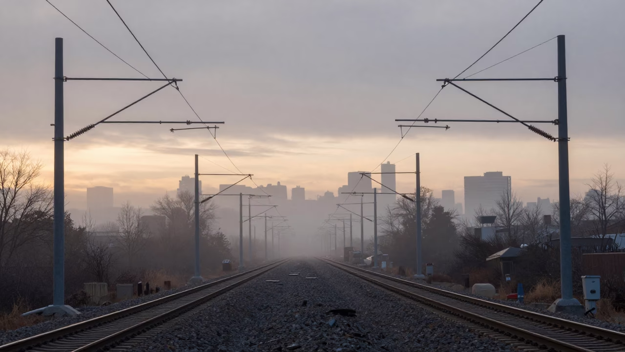 Toronto First Light Dawn Catenary Railway Fog Industrial Urban Scene in in Toronto, Ontario, Canada