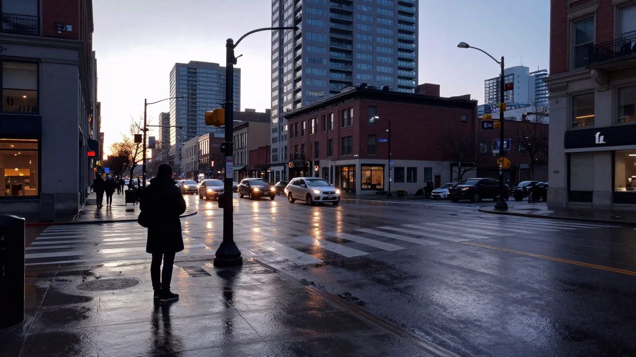 Toronto First Light Morning Commute Street Scene with Coffee Cup and City Skyline in in Toronto, Ontario, Canada