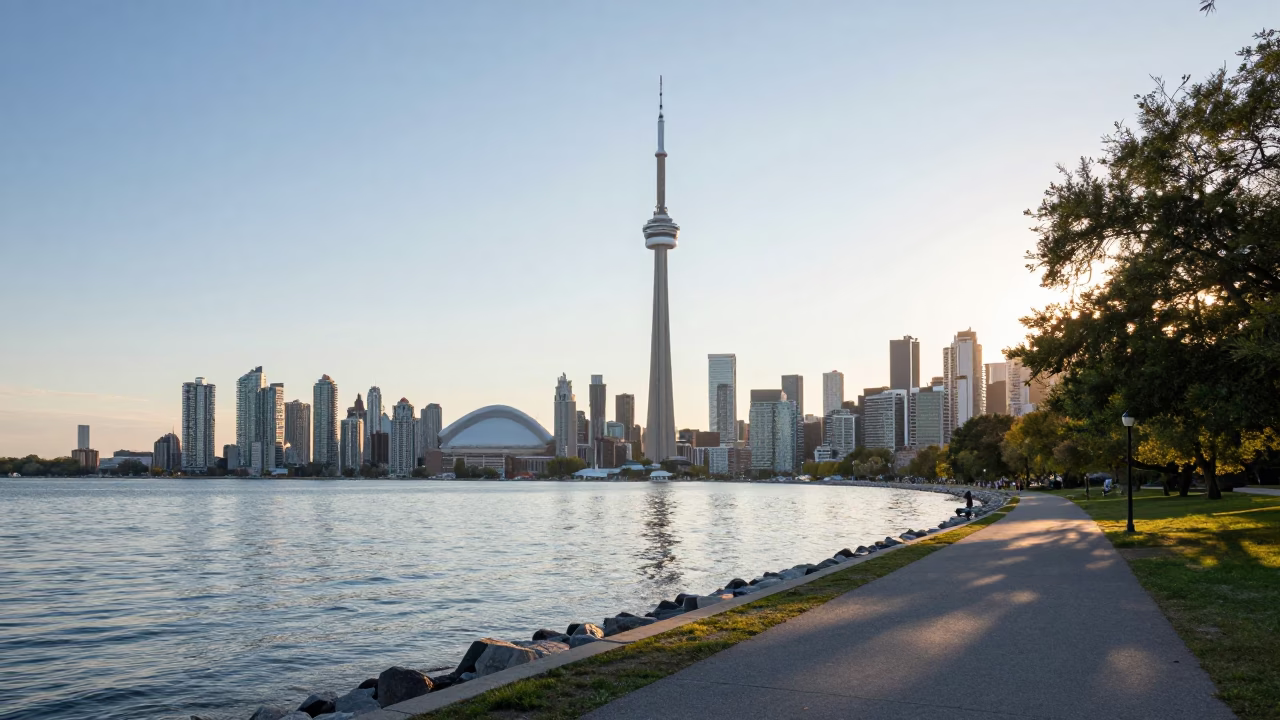 Toronto First Light on Lake Shore with CN Tower and Urban Morning Commute in in Toronto, Ontario, Canada