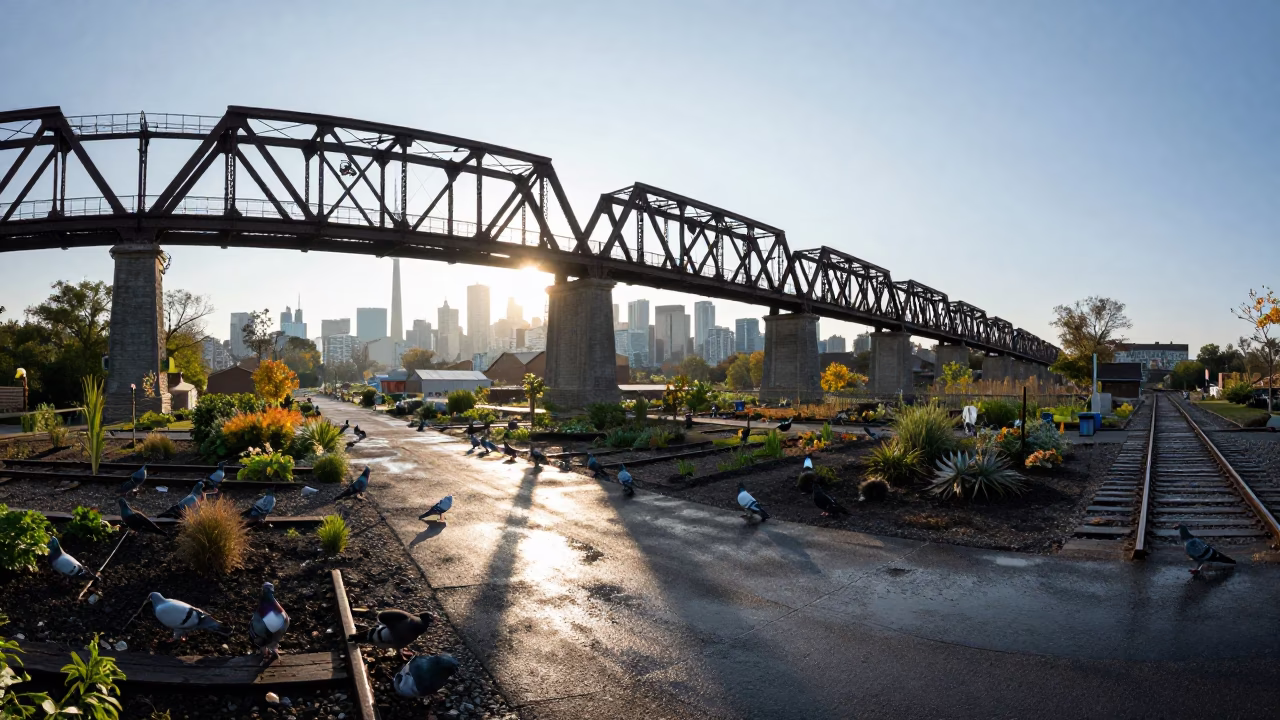 Toronto First Light Pigeons on Historic Railway Viaduct Shadowing Allotment Gardens After Rain in in Toronto, Ontario, Canada