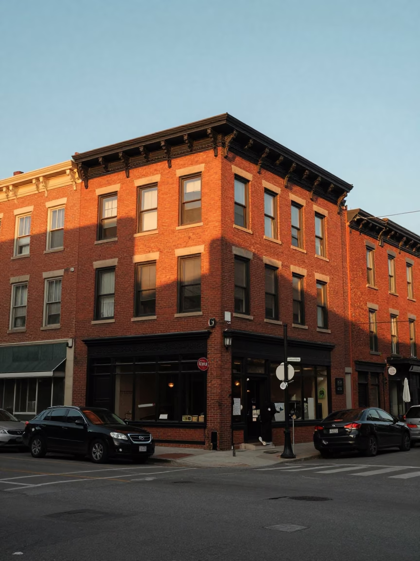 Toronto Golden Hour Street Scene with Brick Architecture and Urban Life in in Toronto, Ontario, Canada