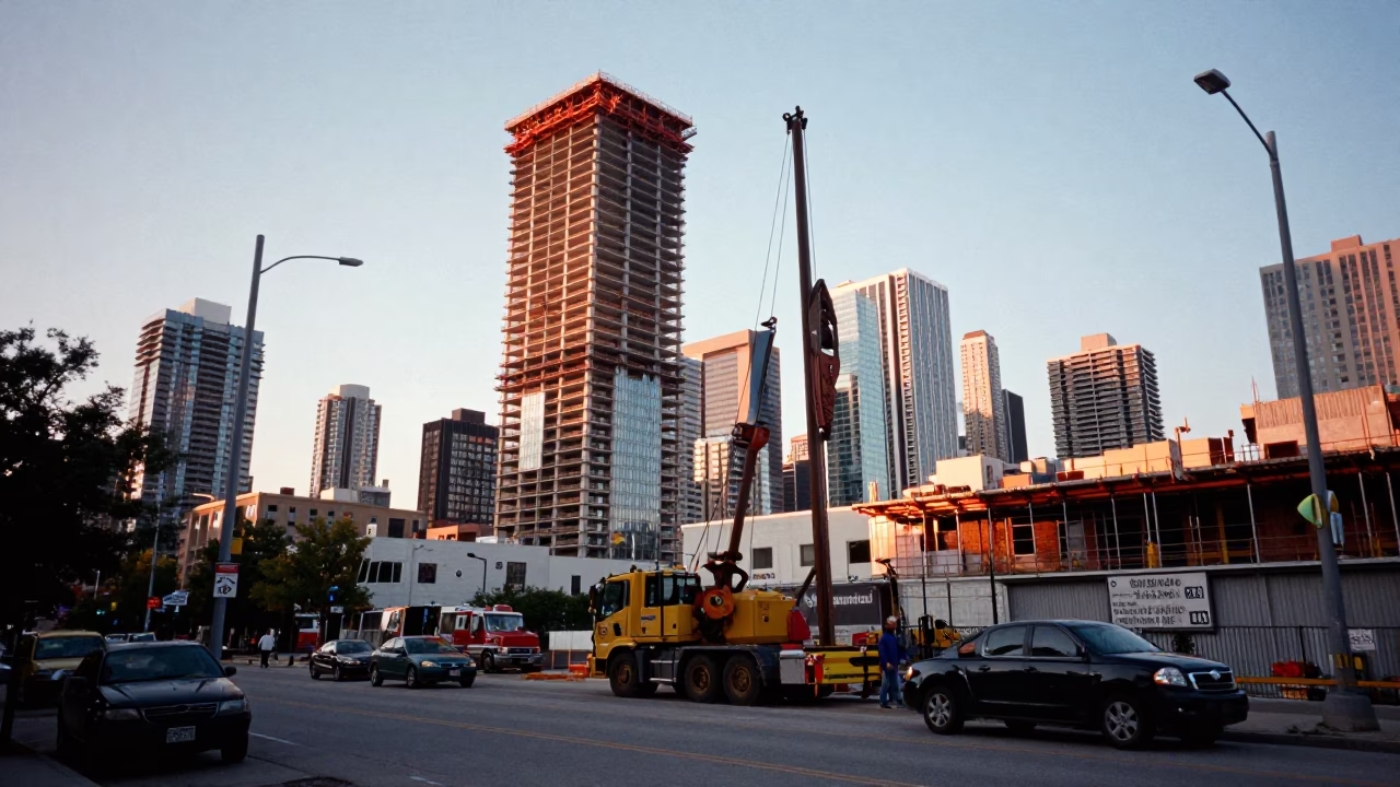 Toronto Golden Hour Street Scene with Construction Pile Driver and Urban Landscape in in Toronto, Ontario, Canada