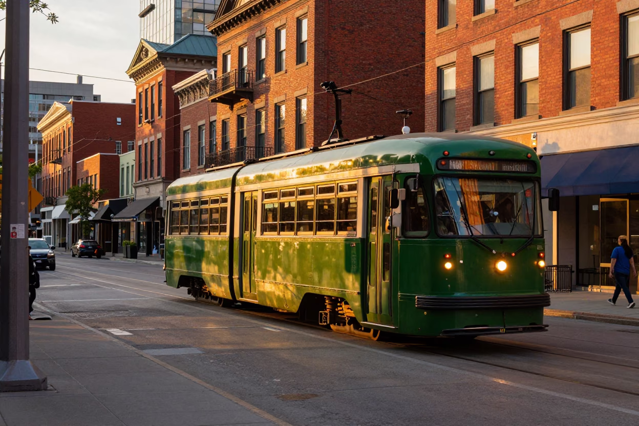 Toronto Golden Hour Street Scene with Heritage Streetcar and Urban Pedestrians in in Toronto, Ontario, Canada