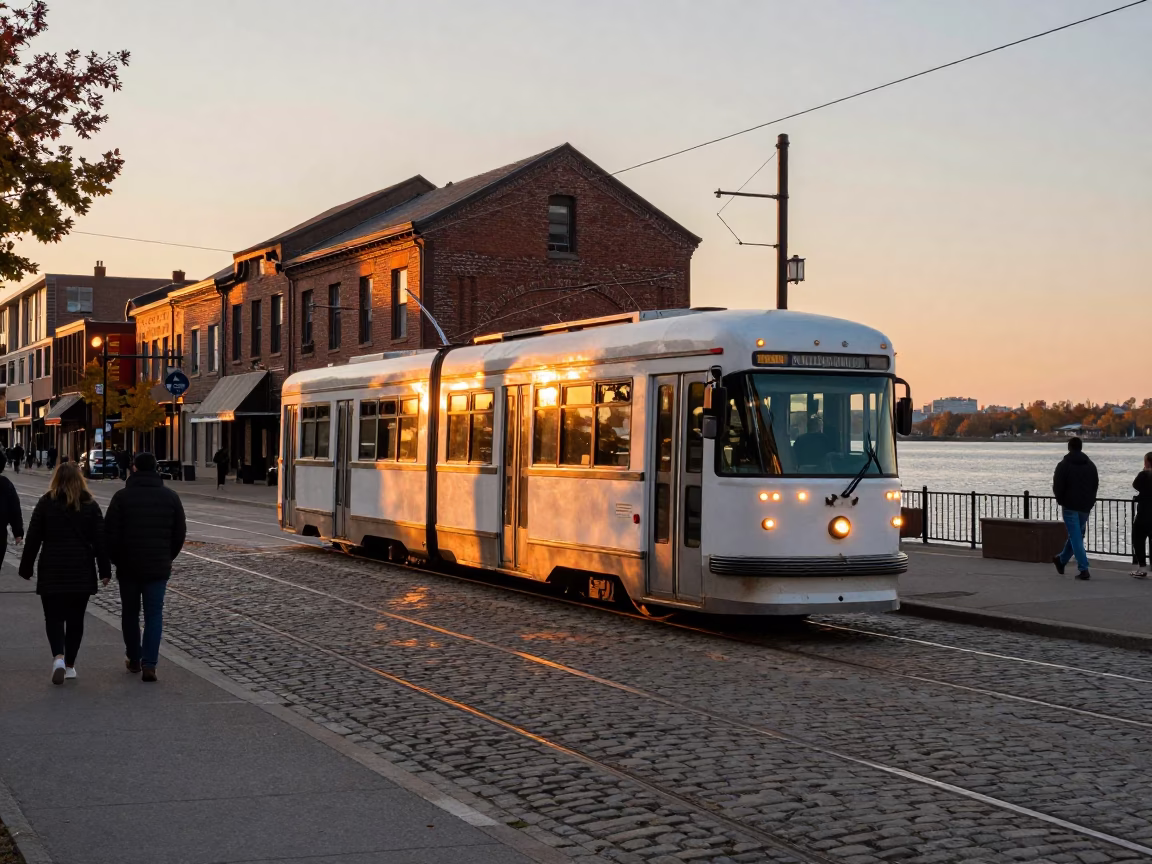 Toronto Golden Hour Street Scene with Vintage Streetcar and Urban River Reflections in in Toronto, Ontario, Canada