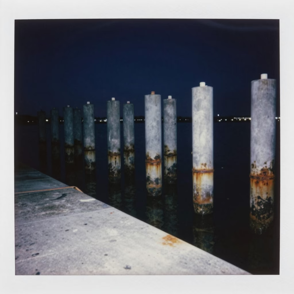 Toronto Harbor Night Ferry Ramp Piling System Under Deep Sky with Vintage 1960s Aesthetic in in Toronto, Ontario, Canada