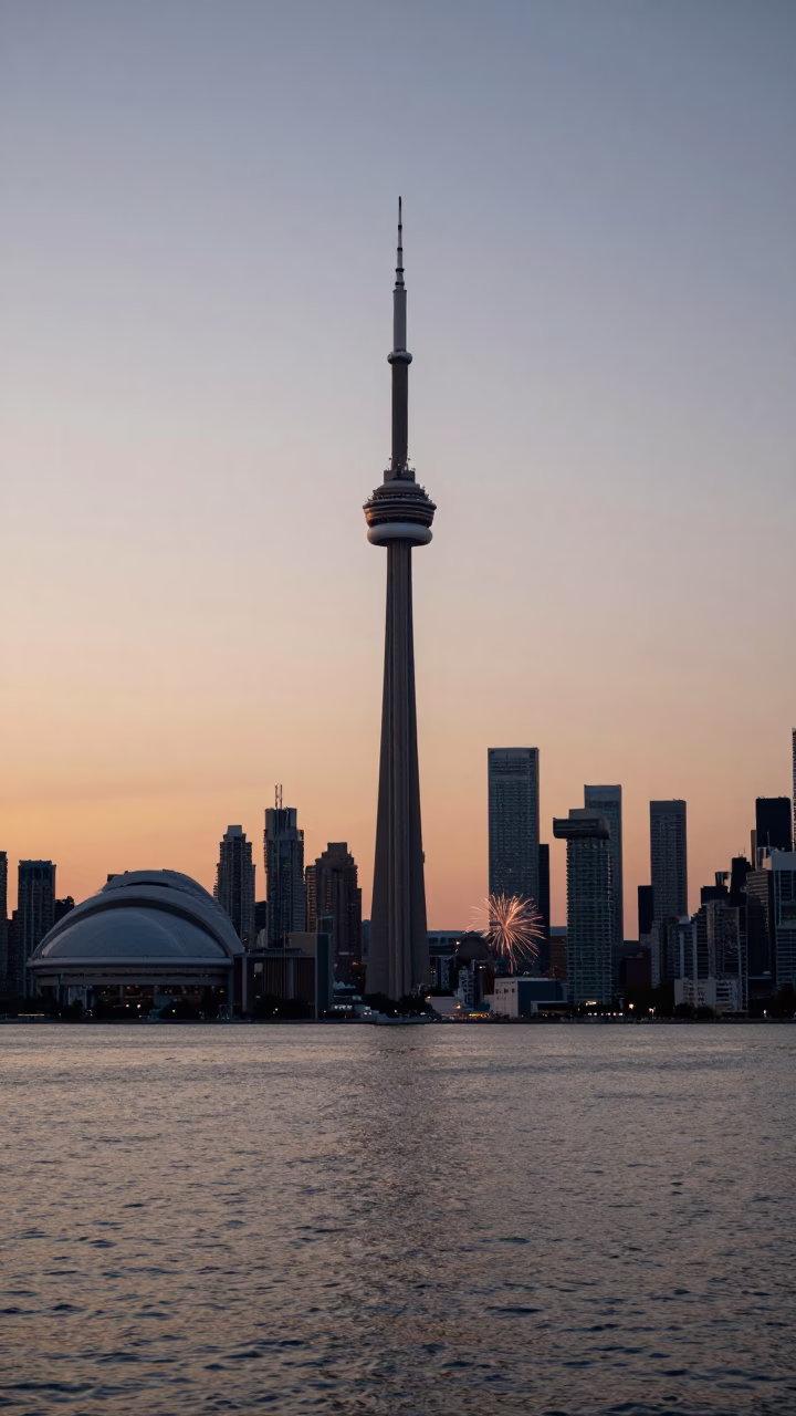 Toronto Harbor Sunset View with CN Tower and Fireworks Reflection on Water in in Toronto, Ontario, Canada