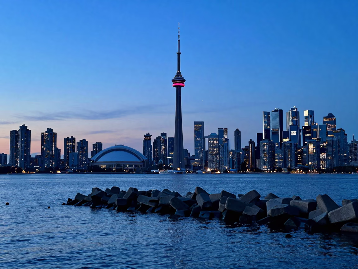 Toronto Harbour Blue Hour Sky Fading Above Breakwater and City Skyline in in Toronto, Ontario, Canada