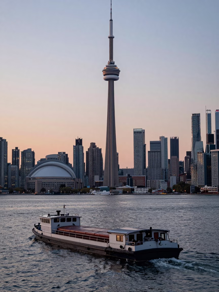 Toronto Harbour Early Evening Skyline View with Canal Barge and Urban Reflections in in Toronto, Ontario, Canada