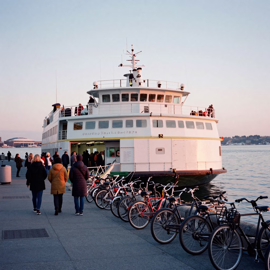 Toronto Harbour Ferry Loading Passengers and Bicycles at First Light with Iron Dock Hooks in in Toronto, Ontario, Canada