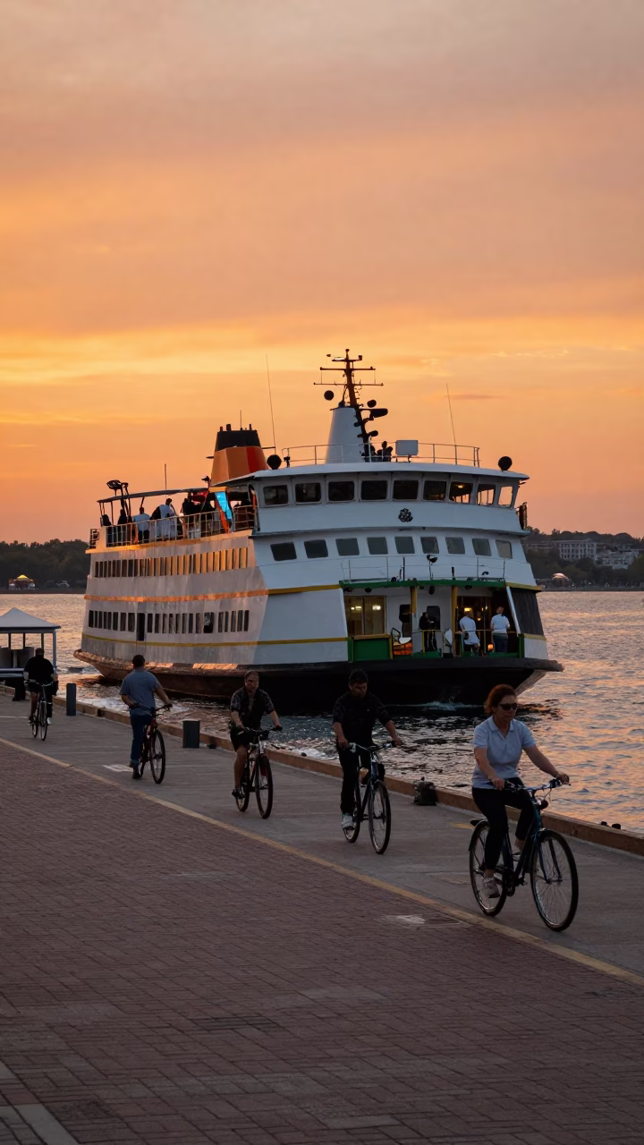 Toronto Harbour Sunset Ferry Docking with Cyclists and Brick Architecture in in Toronto, Ontario, Canada