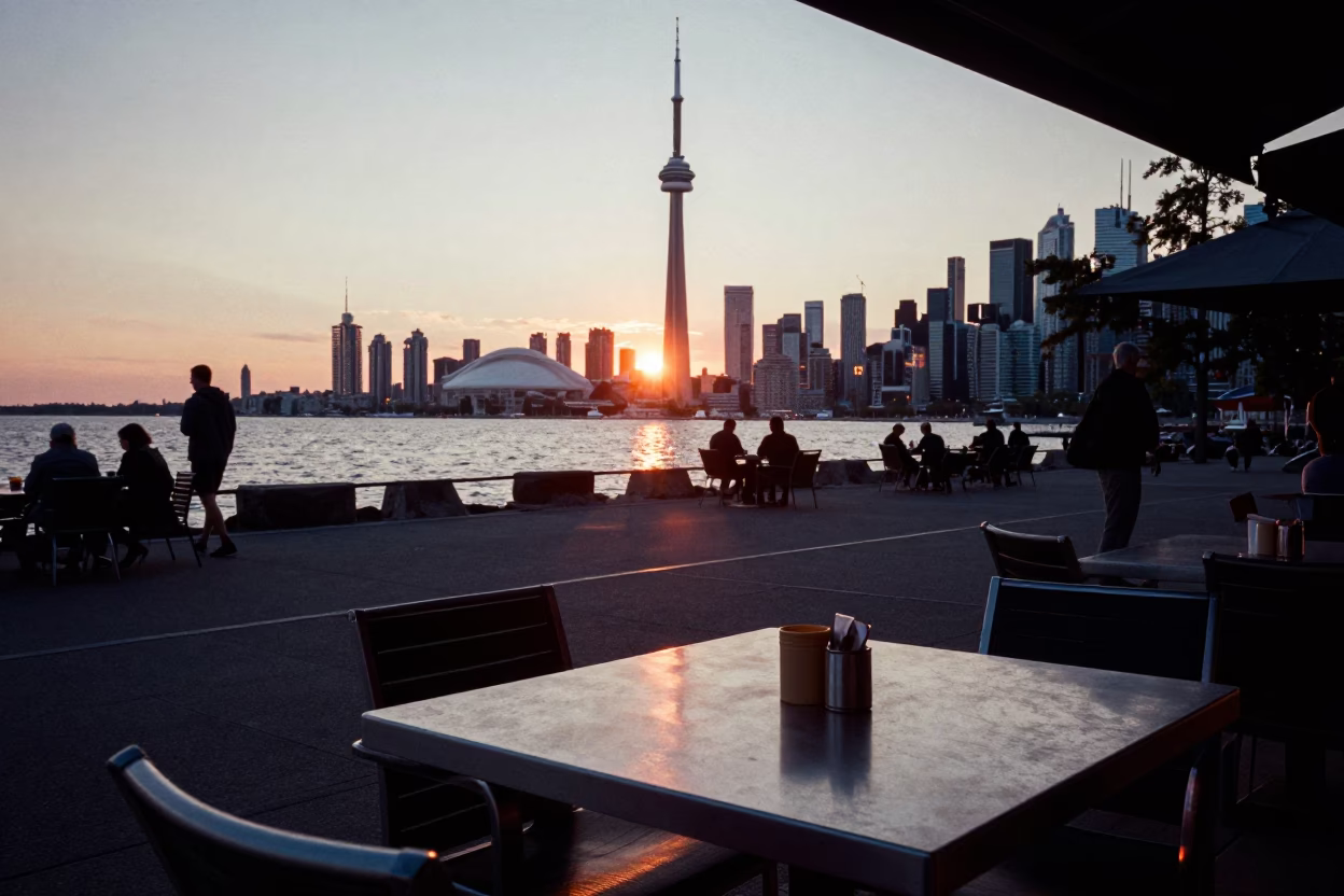 Toronto Harbour Sunset Street Scene with Dining and Urban Life in in Toronto, Ontario, Canada