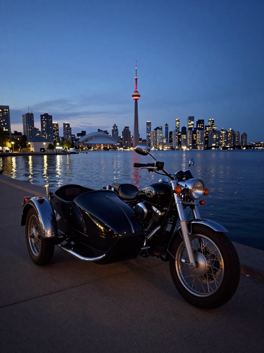 Toronto Harbour Twilight Scene with Vintage Motorcycle and Harbor Beacon in in Toronto, Ontario, Canada