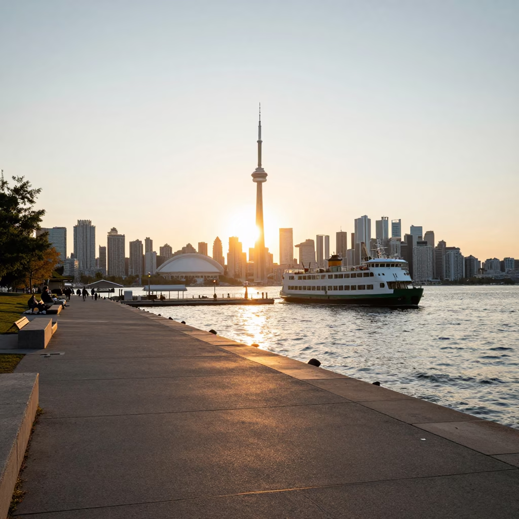Toronto Harbourfront at Golden Hour with Ferry Dock and City Skyline in in Toronto, Ontario, Canada