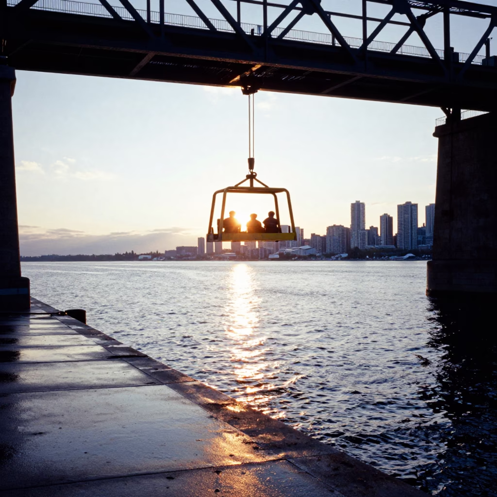 Toronto Harbourfront Early Morning Bridge Maintenance Cradle and Cold Water View in in Toronto, Ontario, Canada