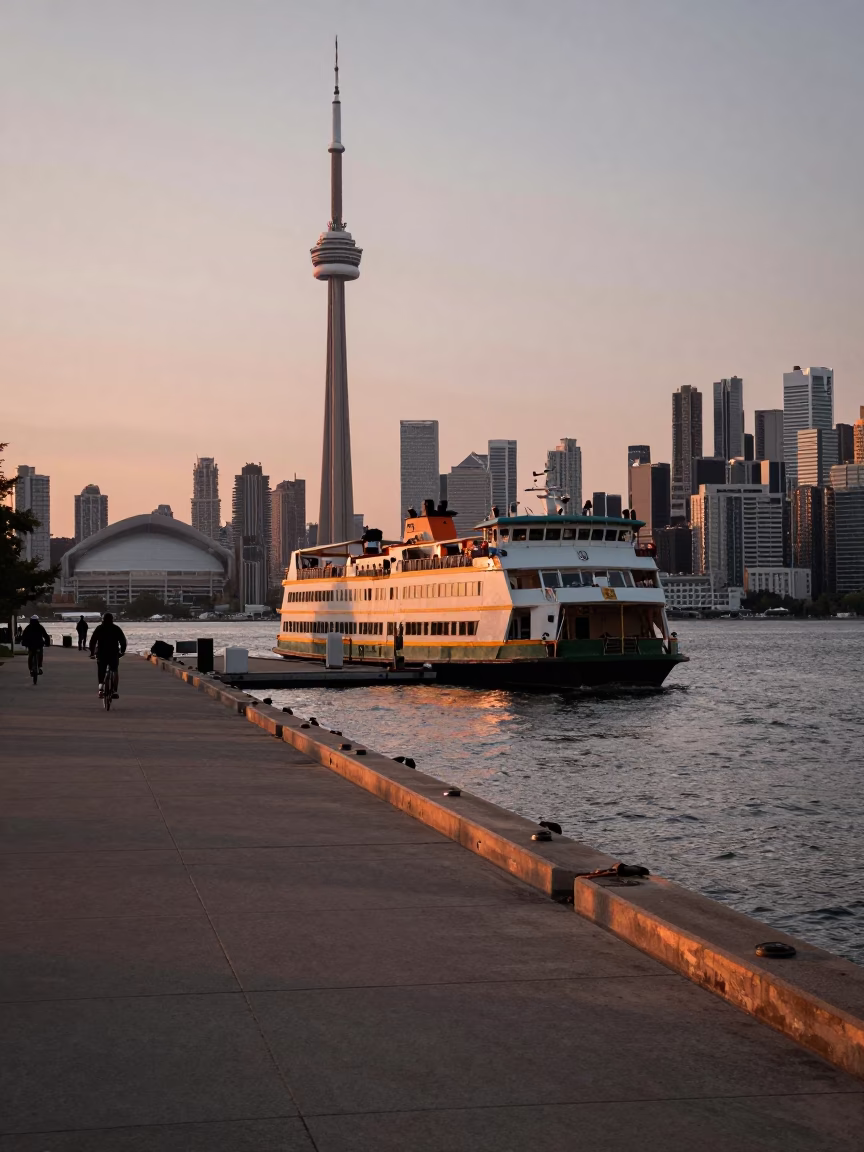 Toronto Harbourfront Ferry Docking at Dusk with Cyclists and Commuters in Copper Light in in Toronto, Ontario, Canada