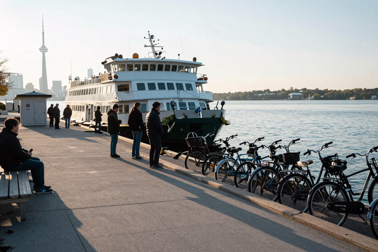 Toronto Harbourfront Morning Ferry Loading Passengers and Bicycles at Dawn in in Toronto, Ontario, Canada
