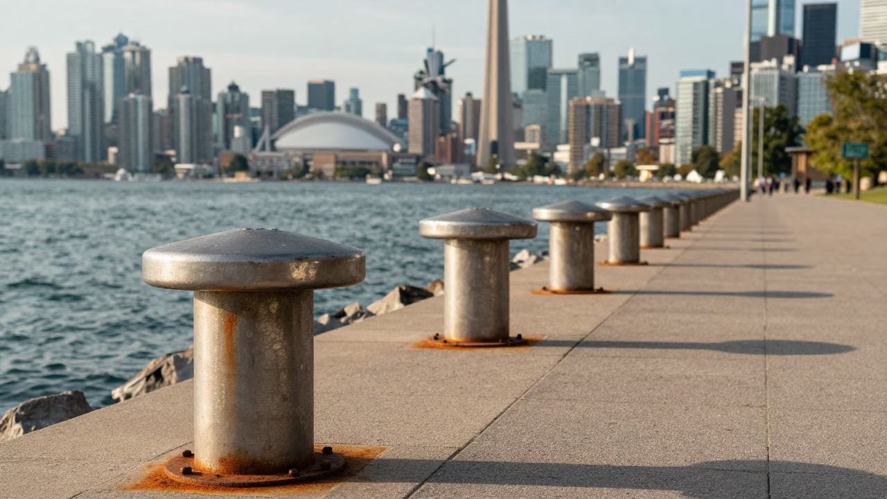 Toronto Harbourfront Pathway With Steel Bollards And City Skyline At Early Afternoon in in Toronto, Ontario, Canada