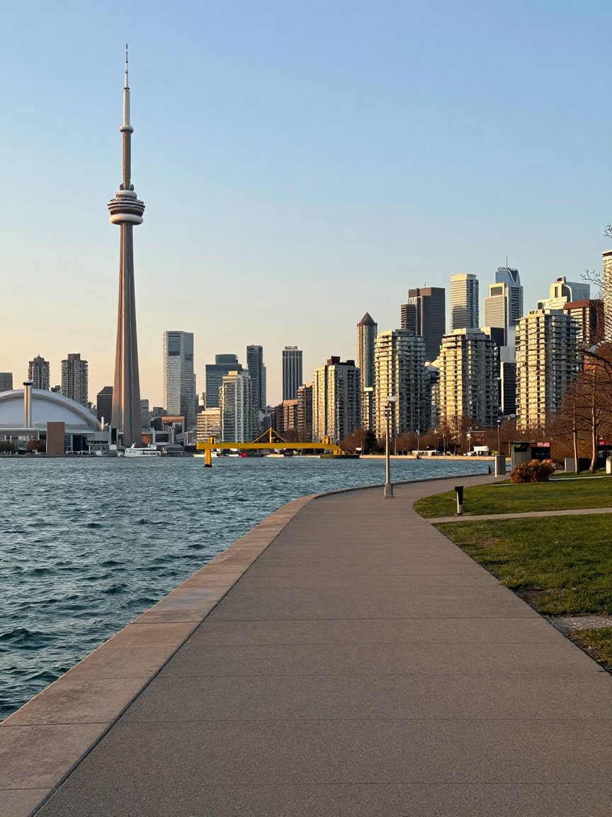 Toronto Harbourfront Pedestrian Pathway and City Skyline in Late Afternoon Light in in Toronto, Ontario, Canada