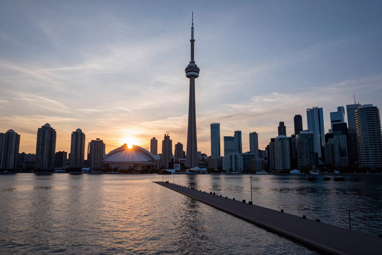 Toronto Harbourfront Sunset View of CN Tower and Aerial Tramway in in Toronto, Ontario, Canada