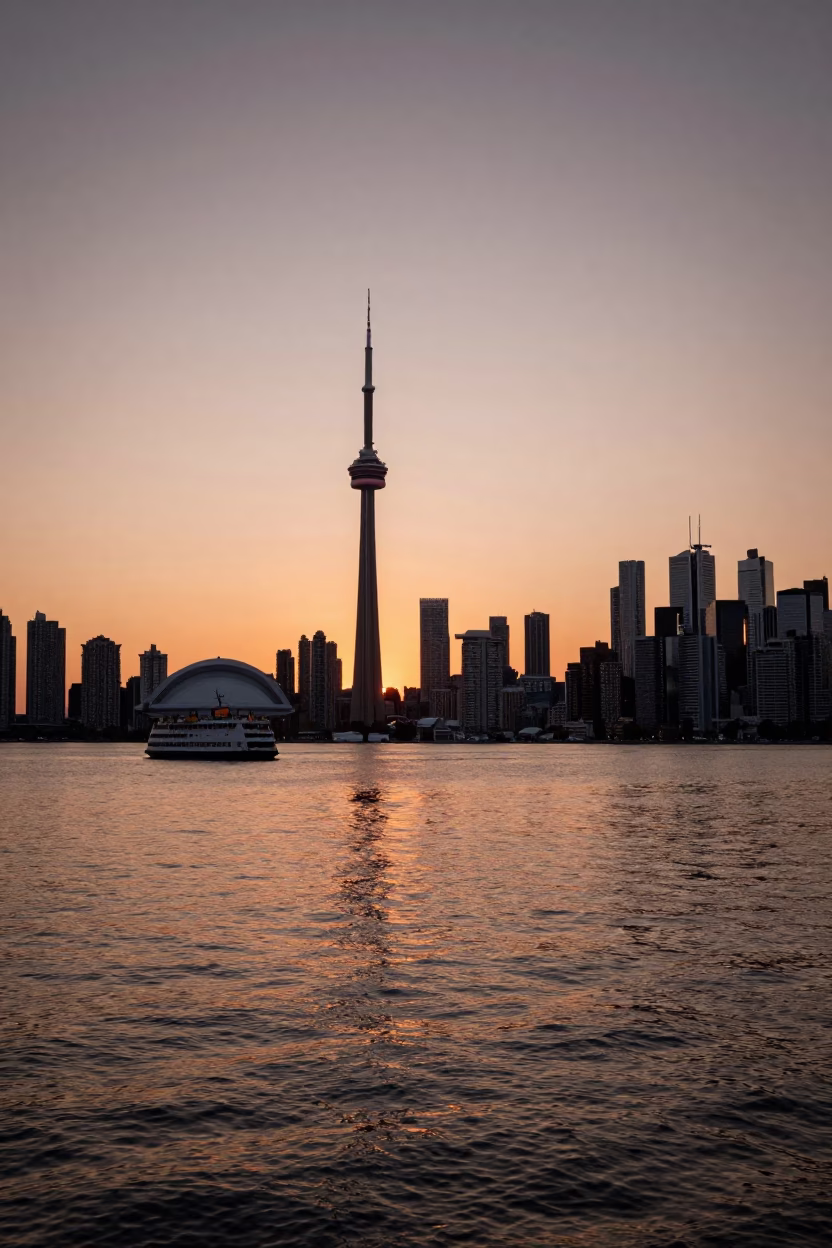 Toronto Harbourfront Sunset View with Ferry and City Skyline in Copper Light in in Toronto, Ontario, Canada