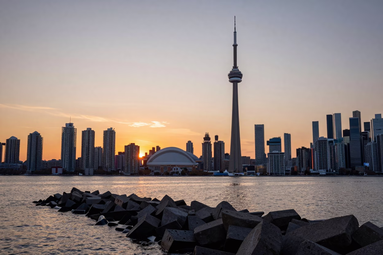 Toronto Harbourfront Sunset with CN Tower and Breakwater Tetrapods in in Toronto, Ontario, Canada