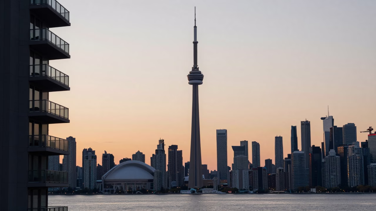 Toronto High-Rise Balcony at As The Sun Drops Toward The Horizon in in Toronto, Ontario, Canada