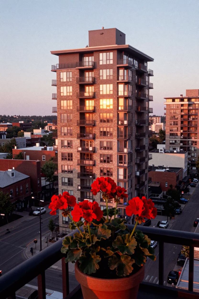 Toronto High-Rise Balcony at Copper-toned Light Before Dusk in in Toronto, Ontario, Canada