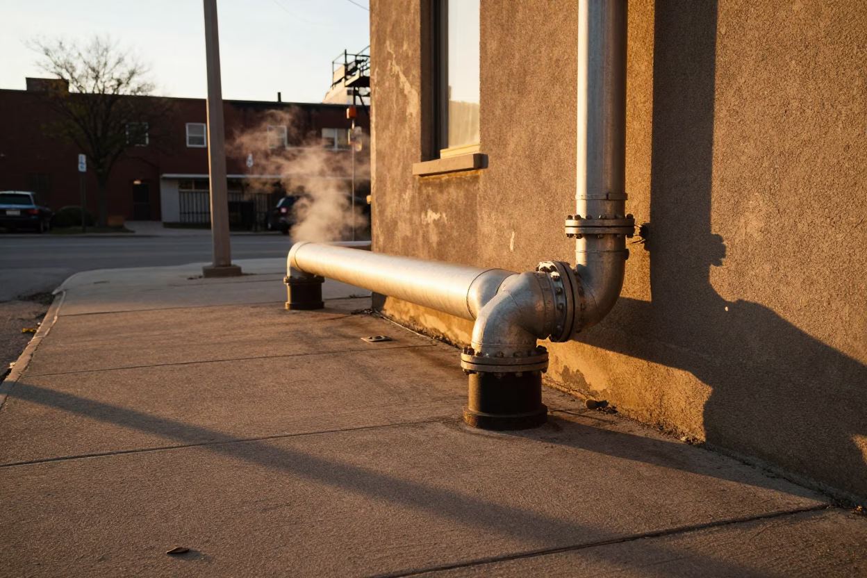 Toronto Honeyed Evening Light District Heating Pipe Steaming Behind Frost Fencing in in Toronto, Ontario, Canada