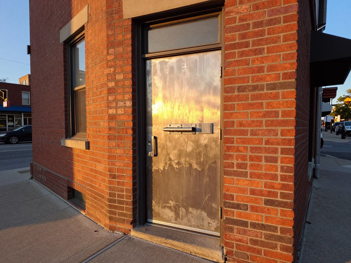 Toronto Honeyed Evening Light Street Scene with Brushed Steel Latch and Urban Architecture in in Toronto, Ontario, Canada