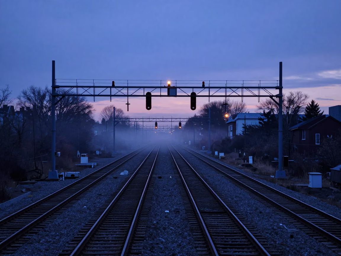 Toronto Indigo Twilight Signal Gantry Above Parallel Rail Lines Misty Urban Scene in in Toronto, Ontario, Canada