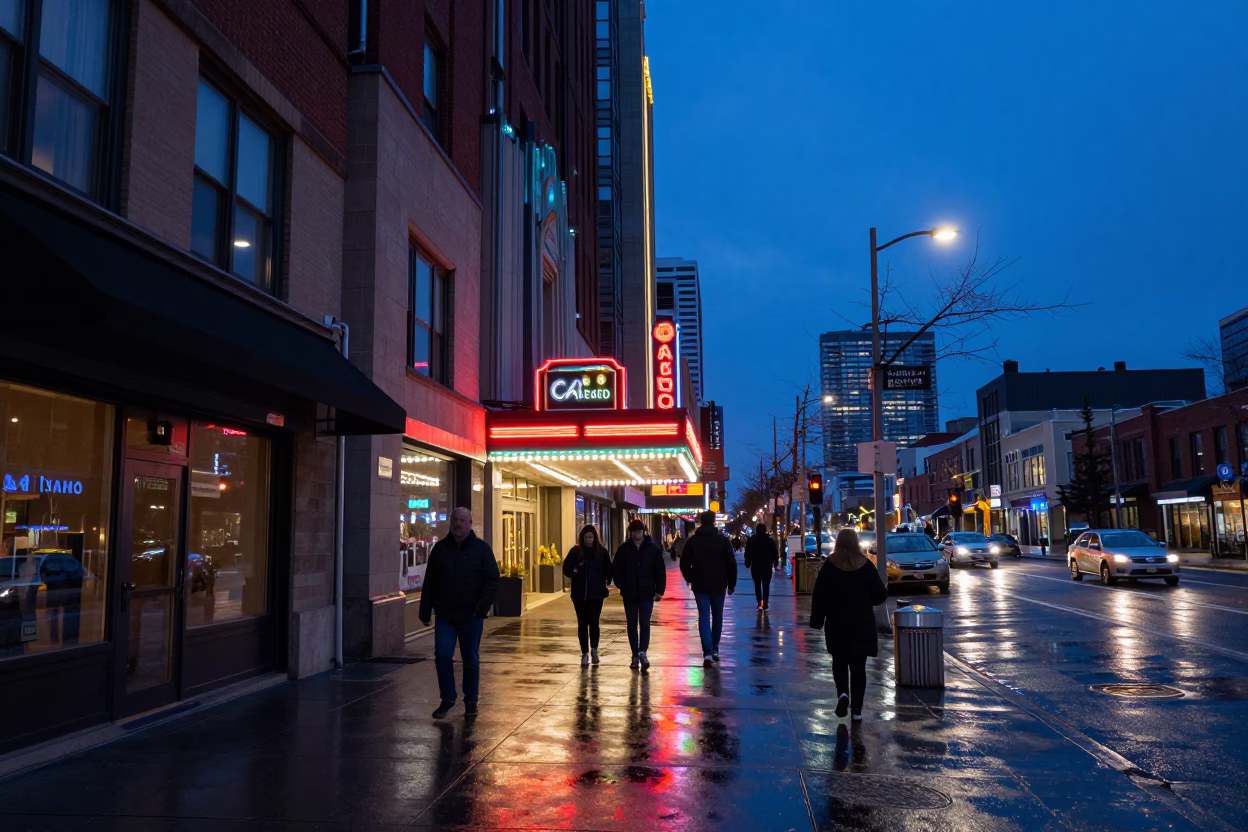Toronto Indigo Twilight Street Scene with Art Deco Hotel Facade and Busy Sidewalk Traffic in in Toronto, Ontario, Canada