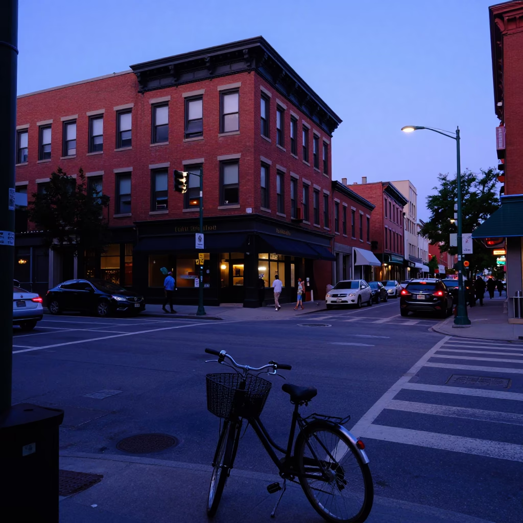 Toronto Indigo Twilight Street Scene with Bicycle Basket and Water Bottle in in Toronto, Ontario, Canada