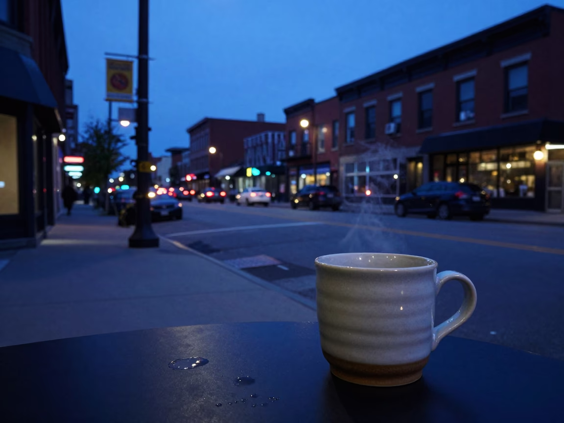 Toronto indigo twilight street scene with ceramic cup and tramcar reflection on wet cobblestones in in Toronto, Ontario, Canada