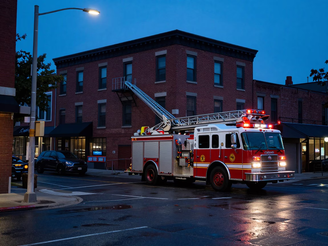 Toronto Indigo Twilight Street Scene with Fire Engine and Urban Reflections in in Toronto, Ontario, Canada