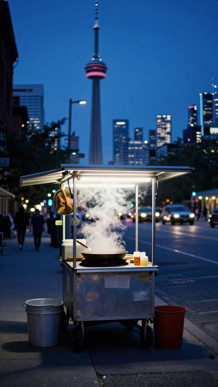 Toronto Indigo Twilight Street Scene with Food Vendor and City Lights in in Toronto, Ontario, Canada