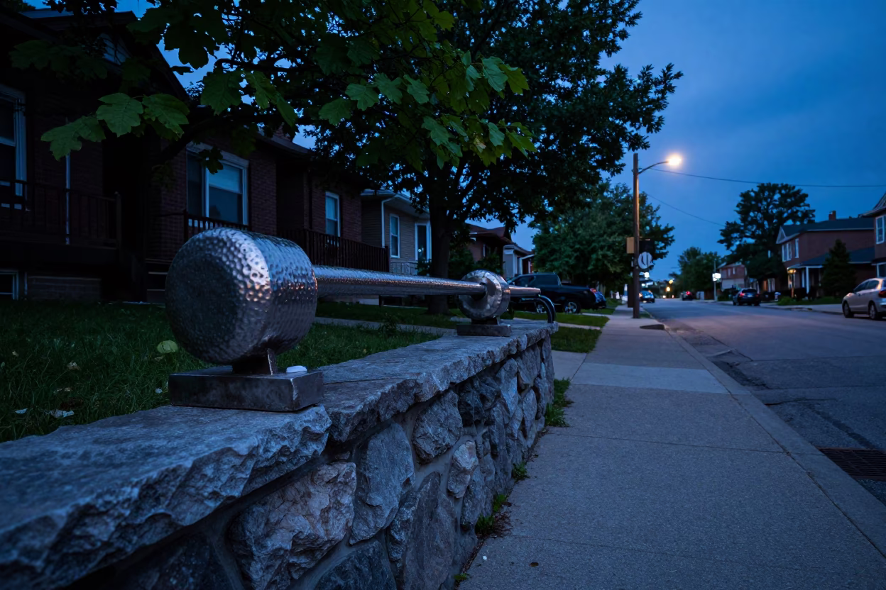 Toronto Indigo Twilight Street Scene with Hammered Metal and Clematis Vine on Stone Wall in in Toronto, Ontario, Canada